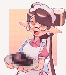 Rule 34 | + +, 1girl, a very happy potato, apron, bad food, black hair, blush, breasts, callie (splatoon), censored, censored food, commentary, earrings, english commentary, fang, food, highres, holding, holding plate, inkling, jewelry, juliet sleeves, long hair, long sleeves, mask, medium breasts, mole, mole under eye, mosaic censoring, nintendo, plate, puffy sleeves, smile, tentacle hair, very long hair