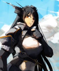 Rule 34 | 1girl, black gloves, black hair, blue sky, cloud, coat, day, dot triangle, elbow gloves, fingerless gloves, gloves, headgear, high collar, kantai collection, long hair, looking at viewer, looking to the side, nagato (kancolle), nagato kai ni (kancolle), red eyes, sketch, sky, solo, upper body, very long hair, ye fan