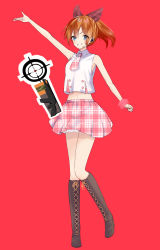 Rule 34 | 1girl, absurdres, boots, brown hair, cross-laced footwear, highres, irodori mayoi, lace-up boots, long hair, looking at viewer, microphone, military, necktie, open mouth, ponytail, rascala39, red background, ribbon, shirt, simple background, skirt, smile, solo, standing, virtual youtuber