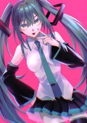 Rule 34 | &gt;:), 1girl, :p, absurdres, black thighhighs, blue eyes, blue hair, blue nails, blue necktie, breasts, collared shirt, cowboy shot, detached sleeves, gradient eyes, hand on own hip, hand up, hatsune miku, highres, looking at viewer, medium breasts, miku day, miniskirt, multicolored eyes, necktie, ni (7no8210mare), pink background, shadow, shirt, sidelocks, skirt, solo, standing, thighhighs, tongue, tongue out, twintails, v, v-shaped eyebrows, vocaloid, white shirt, zettai ryouiki