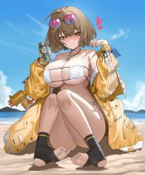 Rule 34 | 1girl, absurdres, anis (nikke), anis (sparkling summer) (nikke), bikini, blue sky, blush, breasts, brown hair, cleavage, closed mouth, collarbone, covered erect nipples, eyewear on head, feet, goddess of victory: nikke, highres, holding, jacket, jewelry, jeze, large breasts, long sleeves, looking at viewer, necklace, open clothes, open jacket, orange eyes, outdoors, short hair, sitting, sky, smile, solo, sunglasses, swimsuit, thighs, toes, underboob, water, white bikini, yellow jacket