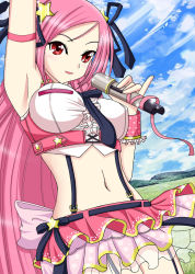 Rule 34 | 1girl, armband, armpits, breasts, cloud, crop top, day, hair ornament, hair ribbon, large breasts, long hair, lucia, lucia (pangya), microphone, midriff, miniskirt, navel, pangya, pink hair, red eyes, ribbon, seraphina, skirt, sky, solo, star (symbol), suspenders, vector trace, very long hair, wrist cuffs