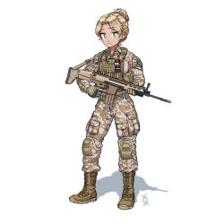 Rule 34 | 1girl, absurdres, assault rifle, blonde hair, boots, brown footwear, brown gloves, camouflage, camouflage jacket, camouflage pants, commission, desert camouflage, fn scar, full body, gloves, gun, hair bun, highres, holding, holding gun, holding weapon, jacket, long sleeves, looking at viewer, military, military uniform, original, ostwindprojekt, pants, rifle, shadow, short hair, simple background, single hair bun, solo, trigger discipline, uniform, united states army, weapon, white background, yellow eyes