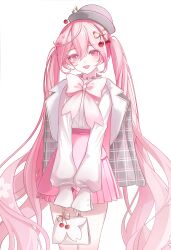 Rule 34 | 1girl, absurdres, bag, blush, bow, cherry hair ornament, food-themed hair ornament, hair ornament, handbag, hat, hatsune miku, highres, holding, holding bag, hwangjinten, jacket, jacket on shoulders, long hair, long sleeves, looking at viewer, open mouth, pink eyes, pink hair, plaid, plaid jacket, pleated skirt, sakura miku, sakura miku (rella), skirt, sleeves past wrists, smile, solo, twintails, very long hair, vocaloid