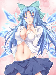 Rule 34 | 1girl, alternate breast size, blue eyes, blue hair, bow, breasts, cirno, cleavage, dress shirt, groin, hair bow, highres, large breasts, long hair, matching hair/eyes, midriff, navel, negamaro, no bra, aged up, open clothes, open shirt, shirt, skirt, smile, solo, touhou, unbuttoned, wings