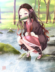 1girl bar_censor bit_gag black_hair black_haori blush brown_footwear censored doku_momo gag grass hair_ribbon haori highres japanese_clothes kamado_nezuko kimetsu_no_yaiba kimono long_hair long_sleeves multicolored_hair no_panties peeing pink_eyes pink_kimono pussy red_hair ribbon river rock sandals socks squatting steam tree two-tone_hair water white_socks