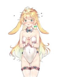 Rule 34 | 1girl, absurdres, animal ears, black bow, black bowtie, blonde hair, bow, bowtie, breasts, collarbone, commission, covered navel, detached collar, fake animal ears, gluteal fold, gradient hair, green eyes, highres, kemonomimi mode, leotard, long hair, multicolored hair, original, playboy bunny, puckjjick (belbesi19), rabbit ears, rabbit girl, simple background, small breasts, solo, strapless, strapless leotard, thigh gap, thighhighs, white background, white leotard, white thighhighs, wrist cuffs