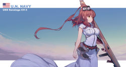 Rule 34 | 10s, 1girl, american flag, belt, blue sky, breasts, buttons, cannon, character name, closed mouth, clothes writing, cowboy shot, flight deck, grey headwear, gun, highres, holding, holding gun, holding weapon, kantai collection, large breasts, lavender shirt, lavender skirt, long hair, long skirt, looking to the side, nian (zhanian), pocket, ponytail, red hair, red scarf, saratoga (kancolle), scarf, shirt, short sleeves, sidelocks, skirt, sky, smile, solo, standing, trigger discipline, turret, typo, underbust, weapon, yellow eyes