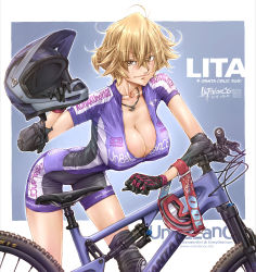 Rule 34 | 1girl, ahoge, bicycle, blush, breasts, brown eyes, cleavage, flat tire, highres, large breasts, leaning forward, light brown hair, lita (unbalance), looking at viewer, short hair, smile, solo, standing, tomboy, unbalance