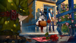 Rule 34 | 1girl, 2boys, ankle boots, bag, blonde hair, blue eyes, blue jacket, blue pants, boots, box, braid, breasts, brooch, brown gloves, brown hair, building, character request, cheese kang, collar, collared shirt, commentary request, crack, cracked wall, dress, envelope, facing viewer, flower, from behind, full body, gloves, green eyes, hair between eyes, hair intakes, hair ribbon, highres, holding, holding box, holding suitcase, jacket, jewelry, leather, leather boots, leather gloves, letter, lips, long hair, long sleeves, looking to the side, mail, multiple boys, necktie, neckwear request, pants, pink flower, puffy long sleeves, puffy sleeves, red flower, red neckwear, red ribbon, ribbon, road, rose, shirt, shoes, sidelocks, skirt, standing, street, suitcase, vest, violet evergarden, violet evergarden (series), waistcoat, white neckwear, white shirt, window