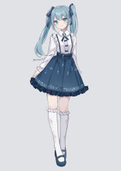 Rule 34 | 1girl, absurdres, artist name, beamed sixteenth notes, blue bow, blue eyes, blue hair, blue skirt, bow, commentary, eighth note, floral print, full body, grey background, hair ornament, hatsune miku, highres, long sleeves, looking at viewer, musical note, musical note print, noneon319, quarter note, shirt, skirt, smile, socks, solo, twitter username, vocaloid, white shirt, white socks