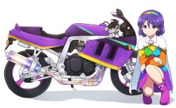Rule 34 | 1girl, ankle boots, arm rest, blue eyes, blue hair, boots, breasts, cape, commentary request, crossed arms, dress, hairband, highres, long hair, looking at viewer, motor vehicle, motorcycle, multicolored clothes, multicolored dress, patchwork clothes, purple footwear, rainbow gradient, shadow, shirosato, short hair, simple background, small breasts, smile, solo, squatting, suzuki (company), suzuki gsx-r1110, tenkyuu chimata, touhou, white background, white cape