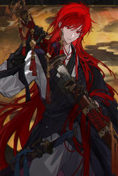 Rule 34 | 1boy, bad id, bad pixiv id, black gloves, earrings, gloves, highres, holding, holding sheath, holding sword, holding weapon, jewelry, katana, long hair, male focus, original, parted lips, pinky ring, red eyes, red hair, ring, satsuya, scabbard, sheath, sheathed, single earring, solo, sword, tassel, tassel earrings, unsheathing, weapon