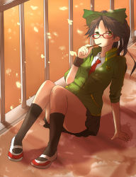 Rule 34 | 1girl, adidas, alternate costume, bad id, bad pixiv id, bespectacled, bow, brown hair, contemporary, female focus, glasses, green eyes, hair bow, hair ribbon, highres, long hair, ponytail, pun2, reiuji utsuho, ribbon, skirt, sleeves pushed up, solo, touhou