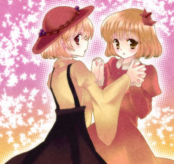 2girls aki_minoriko aki_shizuha autumn_leaves bad_id bad_pixiv_id blush female_focus hair_ornament holding_hands hat interlocked_fingers leaf leaf_hair_ornament morita_gurutamin multiple_girls own_hands_together red_eyes touhou yellow_eyes