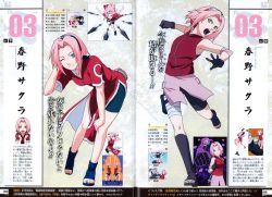 Rule 34 | 1girl, arm behind head, arm warmers, artist request, bandages, bare shoulders, black footwear, black gloves, blue footwear, boots, breasts, character sheet, dress, gloves, green eyes, haruno sakura, headband, highres, looking at viewer, naruto, naruto (series), one eye closed, open mouth, pink hair, pink skirt, red dress, red shirt, scan, shirt, short hair, short sleeves, shorts, skirt, sleeveless, sleeveless shirt, smile, solo, standing, thigh strap, toes, wink, zipper
