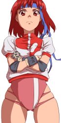 Rule 34 | 1girl, aonori misuji, breasts, brown eyes, closed mouth, cowboy shot, crossed arms, elbow pads, gloves, gluteal fold, headband, leotard, leotard under clothes, looking at viewer, red eyes, red hair, short hair, simple background, skindentation, small breasts, solo, strap, striped clothes, striped leotard, takaya noriko, top wo nerae!, vertical-striped clothes, vertical-striped leotard, white background