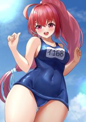 Rule 34 | 1girl, blue sky, blue one-piece swimsuit, breasts, covered navel, day, dorachan r, from below, hair ornament, hair ribbon, highres, i-168 (kancolle), kantai collection, long hair, medium breasts, name tag, old school swimsuit, one-piece swimsuit, ponytail, red eyes, red hair, ribbon, school swimsuit, sky, solo, standing, swimsuit, x hair ornament