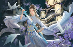 Rule 34 | 1girl, bird, branch, breasts, brown hair, chinese clothes, cleavage cutout, clothing cutout, falling petals, flower, flying, hair bun, hair ribbon, highres, holding, holding sword, holding weapon, lantern, light particles, long hair, long sleeves, lu c, lu xueqi (zhu xian), medium breasts, night, open mouth, petals, purple flower, ribbon, sheath, solo, sword, teeth, unsheathing, upper teeth only, weapon, zhu xian