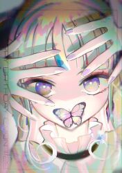 Rule 34 | 1girl, blonde hair, blunt bangs, brown eyes, bug, butterfly, commentary, covered mouth, eyeshadow, hands on own face, hands up, happy birthday, insect, kokoa remon, kokoa remon (primagista), long hair, looking at viewer, makeup, nail polish, orange eyeshadow, oshiri (o4ritarou), portrait, pretty series, sidelocks, solo, symbol-only commentary, waccha primagi!