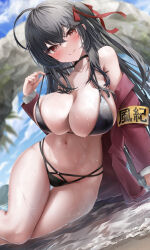 Rule 34 | 1girl, :p, absurdres, ahoge, arm rest, armband, azur lane, beach, bikini, bikini pull, black bikini, black choker, black hair, blurry, blurry background, blush, breasts, choker, closed mouth, clothes pull, depth of field, artistic error, hair ornament, highres, jacket, large breasts, licking lips, multi-strapped bikini, multiple straps, navel, o-ring, o-ring bikini, official alternate costume, outdoors, partially submerged, pulled by self, red eyes, red jacket, shiranui (nisioisin sinob), smile, solo, strap pull, swimsuit, taihou (azur lane), taihou (sweet time after school) (azur lane), tareme, tongue, tongue out, yellow armband