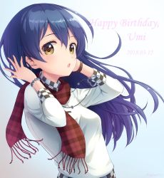 Rule 34 | 1girl, arms up, birthday, blue hair, blush, character name, commentary request, dated, hair between eyes, happy birthday, heart, long hair, looking at viewer, love live!, love live! school idol festival, love live! school idol project, open mouth, sasurai (kijitora713), scarf, simple background, smile, solo, sonoda umi, upper body, white background, yellow eyes