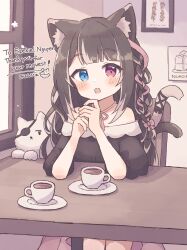 Rule 34 | 1girl, absurdres, animal, animal ears, bare shoulders, black dress, black hair, blunt bangs, blush, cat, cat ears, cat tail, chair, colon br, cup, dress, highres, neck ribbon, open mouth, original, pink ribbon, ribbon, solo, table, tail, teacup