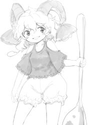 Rule 34 | 1girl, bloomers, earrings, greyscale, hair between eyes, harusame (unmei no ikasumi), holding, holding spoon, horn ornament, horn ribbon, horns, jewelry, long sleeves, monochrome, open mouth, oversized object, pointy ears, ribbon, sheep horns, shirt, simple background, sketch, solo, spoon, touhou, toutetsu yuuma, underwear, white background