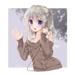 Rule 34 | 1girl, blue eyes, border, brown sweater, charlotte (anime), commentary request, cropped torso, earphones, highres, long hair, looking at viewer, puya, silver hair, smile, solo, sweater, tomori nao, two side up, upper body, waving, white border