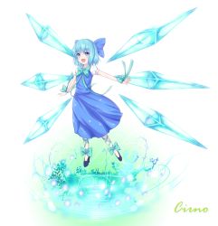 Rule 34 | 1girl, blue dress, blue eyes, blue hair, bow, bowtie, character name, cirno, dress, full body, hair bow, hak, highres, ice, ice wings, leg ribbon, matching hair/eyes, outstretched arms, ribbon, shoes, short hair, solo, touhou, white background, wings, wrist ribbon