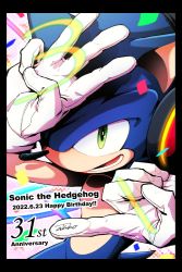 Rule 34 | 1boy, 2022, dated, furry, furry male, gloves, green eyes, happy birthday, headphones, index finger raised, male focus, middle w, open mouth, solo, sonic (series), sonic the hedgehog, t akiko, w, white gloves
