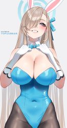 Rule 34 | 1girl, absurdres, animal ears, asuna (blue archive), asuna (bunny) (blue archive), bare shoulders, blue archive, blue eyes, blue leotard, blush, bow, bowtie, breasts, brown pantyhose, cleavage, detached collar, elbow gloves, fake animal ears, gloves, grin, hair over one eye, highleg, highleg leotard, highres, large breasts, leotard, light brown hair, long hair, looking at viewer, mole, mole on breast, pantyhose, playboy bunny, rabbit ears, smile, solo, tofuubear, traditional bowtie, white gloves