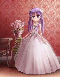 Rule 34 | 00s, 1girl, bare shoulders, blue eyes, dress, flower, full body, highres, hiiragi kagami, jewelry, long hair, looking at viewer, lucky star, necklace, plant, purple eyes, purple hair, skirt hold, smile, solo, standing, sunimu, twintails, vase, white dress, wooden floor