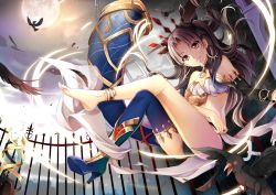 Rule 34 | 1girl, anklet, bare shoulders, bird, black feathers, black panties, blue footwear, boots, breasts, brown hair, choker, cleavage, crossed legs, detached sleeves, fate/grand order, fate (series), feathers, full moon, gyaza, head tilt, high heel boots, high heels, ishtar (fate), jewelry, looking at viewer, midriff, moon, night, outdoors, panties, parted lips, red eyes, small breasts, smile, solo, thigh boots, thighhighs, tohsaka rin, underwear