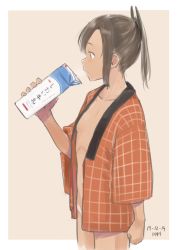 Rule 34 | 1girl, artist name, bottomless, brown hair, clenched hand, collarbone, cowboy shot, dated, from side, hair ornament, hanten (clothes), holding, i-401 (kancolle), japanese clothes, kantai collection, kawashina (momen silicon), milk, milk carton, no bra, open clothes, outside border, ponytail, profile, short hair, sidelocks, solo, tan, tanline