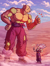 Rule 34 | 2boys, antennae, biceps, blue sky, boots, brown footwear, cloud, colored skin, commentary request, day, desert, dragon ball, dragon ball super, dragon ball super super hero, fang, giant, gohan beast, grin, hand on own hip, hand up, highres, koukyouji, large pectorals, looking at another, looking down, looking up, male focus, multiple boys, muscular, muscular male, namekian, notice lines, orange piccolo, orange skin, outdoors, pants, parted lips, pectorals, piccolo, pointy ears, purple pants, purple sash, red eyes, red sash, red wristband, sash, sky, smile, smirk, son gohan, spiked hair, standing, thumbs up, topless male, torn clothes, torn pants, v-shaped eyebrows, white hair, wristband