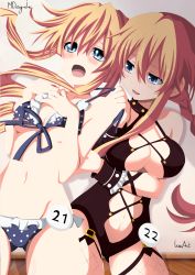 Rule 34 | 10s, 2girls, :o, absurdres, artist name, bikini, blue eyes, braid, breasts, center opening, cleavage, cowboy shot, date a live, frilled bikini, frills, hand on own chest, highres, isseiart, mdesigninc, multiple girls, navel, open mouth, orange hair, parted lips, polka dot, polka dot bikini, polka dot swimsuit, pulling another&#039;s clothes, siblings, sisters, small breasts, strap pull, swimsuit, twins, underboob, yamai kaguya, yamai yuzuru