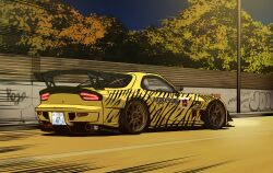 Rule 34 | absurdres, animal print, blonde hair, car, commentary, english commentary, graffiti, highres, license plate, mazda, mazda rx-7, mazda rx-7 fd, motion lines, motor vehicle, nale gunn, night, night sky, no humans, original, outdoors, sky, solo, spoiler (automobile), sports car, tiger print, tree, vehicle focus