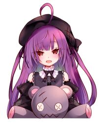 Rule 34 | 1girl, ahoge, beret, black bow, black bowtie, black dress, black hat, blunt bangs, blush, bow, bowtie, collar, commentary request, cowlick, dress, fang, frilled dress, frills, futatsumuji, grey collar, hat, highres, long hair, looking at viewer, medium bangs, nanashi inc., official alternate costume, open mouth, purple hair, red eyes, shisui kiki, shisui kiki (2nd costume), simple background, smile, solo, stuffed animal, stuffed toy, teddy bear, upper body, very long hair, virtual youtuber, white background