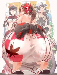 Rule 34 | 10s, 4girls, akitsu maru (kancolle), amagi (kancolle), ass, bare shoulders, black hair, breasts, brown eyes, brown hair, character request, crying, feet, flower, green hair, hair flower, hair ornament, highres, huge ass, japanese clothes, kantai collection, long hair, looking at viewer, mizuho (kancolle), multiple girls, ponytail, shimetta seiya, short hair, soles, squatting, standing, tears, torn clothes, twintails, wide hips, yuugumo (kancolle)
