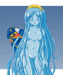 Rule 34 | 1boy, 1girl, alien, android, blue eyes, blue hair, blue theme, blush, breasts, claire, claire (ginga tetsudou 999), coat, conductor (galaxy express 999), conductor (ginga tetsudou 999), crystal, ginga tetsudou 999, gloves, glowing, glowing eyes, hairband, hat, headband, kopa hiroshi, long hair, medium breasts, night, no nipples, no pussy, nude, salute, science fiction, space, star (sky), star (symbol), uniform, very long hair, yellow eyes