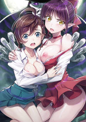 Rule 34 | 2girls, ahoge, bare shoulders, blue eyes, blunt bangs, blush, bow, breasts, breasts out, brown hair, choker, cleavage, collarbone, collared shirt, commentary request, dress, fingernails, frilled skirt, frills, full moon, gegege no kitarou, hair bow, hair ornament, hairclip, highres, ikeda yasuhiro, inuyama mana, large breasts, looking at viewer, mask, medium breasts, moon, multiple girls, nekomusume, nipple slip, nipples, no bra, open mouth, panties, pantyshot, pointy ears, purple eyes, red bow, school uniform, sharp fingernails, shirt, skirt, strap slip, tears, underwear, white panties, yellow eyes, you gonna get raped