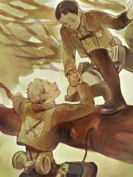 Rule 34 | 2boys, boots, branch, brown theme, cropped jacket, eye contact, holding hands, jean kirstein, knee boots, looking at another, male focus, marco bott, multiple boys, musikolis, paradis military uniform, shingeki no kyojin, short hair, sideburns, smile, tree