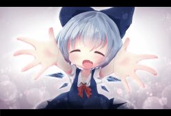 Rule 34 | 1girl, akisha, bad id, bad pixiv id, blue dress, blue hair, blush, bow, check commentary, cirno, commentary request, dress, closed eyes, fang, hair bow, highres, ice, ice wings, incoming hug, letterboxed, open mouth, outstretched arms, puffy sleeves, shirt, short sleeves, smile, solo, touhou, wings