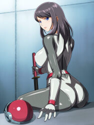 Rule 34 | 1girl, anime coloring, ass, belt, black hair, blue eyes, bodysuit, breasts, closed mouth, fishnets, from behind, gloves, helmet, holding, holding weapon, katana, large breasts, long hair, looking at viewer, looking back, monteriakitto, ninja, original, sheath, shiny clothes, sitting, skin tight, solo, sword, unworn headwear, unworn helmet, weapon