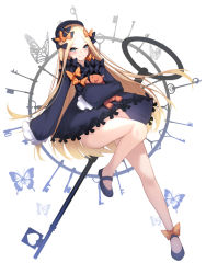 Rule 34 | 1girl, abigail williams (fate), black bow, black dress, black footwear, black headwear, blonde hair, blue eyes, blush, bow, bug, butterfly, dean (momodean), dress, fate/grand order, fate (series), forehead, full body, hair bow, highres, insect, key, legs, long hair, long sleeves, looking at viewer, multiple hair bows, orange bow, parted bangs, polka dot, polka dot bow, simple background, sleeves past fingers, sleeves past wrists, smile, solo, stuffed animal, stuffed toy, teddy bear, white background