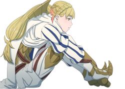 Rule 34 | 1girl, aduti momoyama, armor, blonde hair, braid, cape, crown braid, eyelashes, fire emblem, fire emblem heroes, from side, full body, gloves, green eyes, highres, long hair, low-tied long hair, nintendo, pointed footwear, scale armor, sharena (fire emblem), simple background, sitting, solo, striped sleeves, white background, white cape
