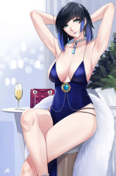 Rule 34 | 1girl, alcohol, armpits, arms behind head, arms up, bag, bare legs, black hair, blue dress, blue hair, breasts, cleavage, closed mouth, crossed legs, cup, diagonal bangs, dress, feather boa, genshin impact, gradient hair, green eyes, handbag, highres, large breasts, legs, mole, mole on breast, multicolored hair, pelvic curtain, plant, short hair, sitting, skindentation, solo, tassel choker, thighs, two-tone hair, vision (genshin impact), xter, yelan (genshin impact)