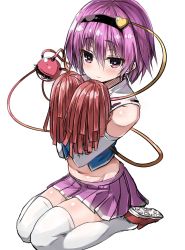 Rule 34 | 1girl, adapted costume, alternate costume, blush, cheerleader, colorized, eyeball, gloves, greatmosu, hairband, heart, heart-shaped pupils, highres, komeiji satori, looking at viewer, midriff, navel, pink eyes, pink hair, pom pom (cheerleading), shirt, shoes, short hair, simple background, sitting, sketch, skirt, sleeveless, smile, sneakers, solo, string, symbol-shaped pupils, thighhighs, third eye, touhou, white background, white gloves, white thighhighs, zettai ryouiki