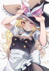 Rule 34 | 1girl, absurdres, apron, arms up, artist name, black shirt, black skirt, blonde hair, blush, bow, braid, buttons, commentary request, fingernails, frilled apron, frilled hat, frills, grin, hands up, hat, highres, kirisame marisa, konosuko (knsk kwkm), long hair, long skirt, looking at viewer, nail, nail polish, orange eyes, partial commentary, pinching, pink bow, pink nails, shirt, short sleeves, signature, simple background, single braid, skirt, smile, solo, touhou, twitter username, two-tone bow, two-tone eyes, unfinished dream of all living ghost, white apron, white background, white bow, witch, witch hat